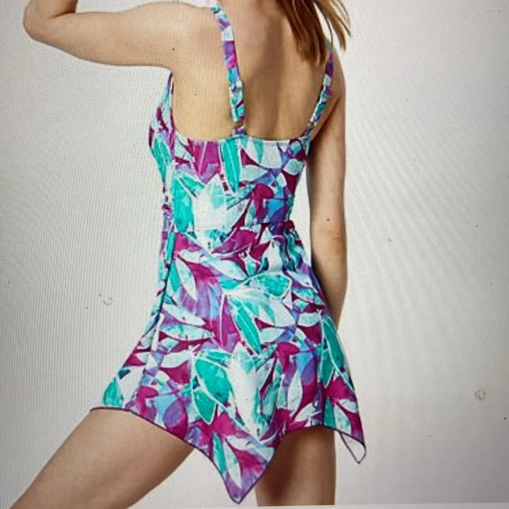 Denim & Co. Beach V Neck Handkerchief Hem Swim Dress Aqua Abstract Palm 10 New - Picture 3 of 15